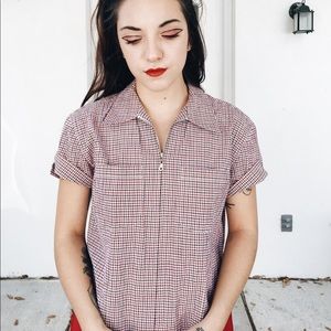 90’s Blue and Red Grid Zip Up Collared Shirt⠀